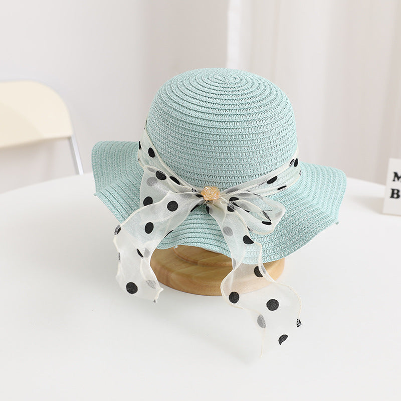 Girls' Polka Dot Bow Kids Bag Straw Beach Sun Hat