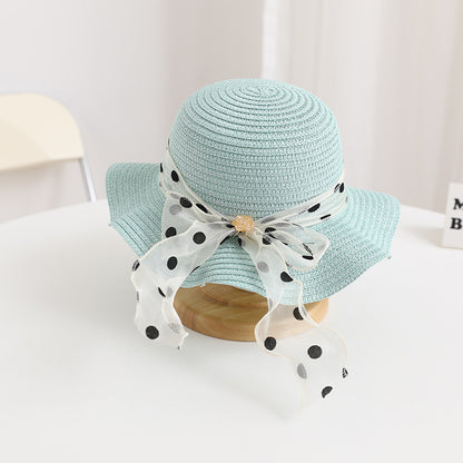 Girls' Polka Dot Bow Kids Bag Straw Beach Sun Hat