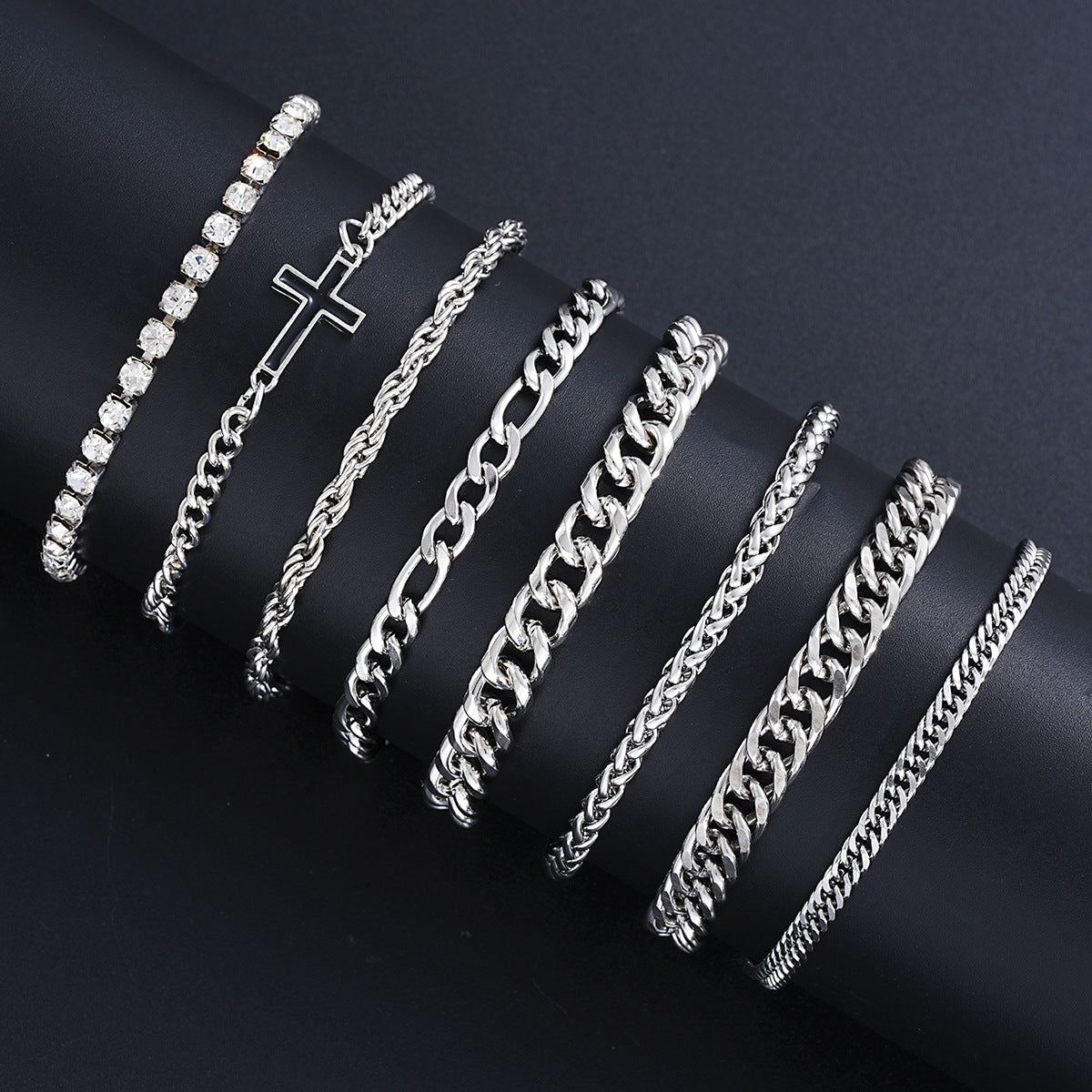 Stainless Steel Cuban Cross Chain Bracelet Set (8pc)