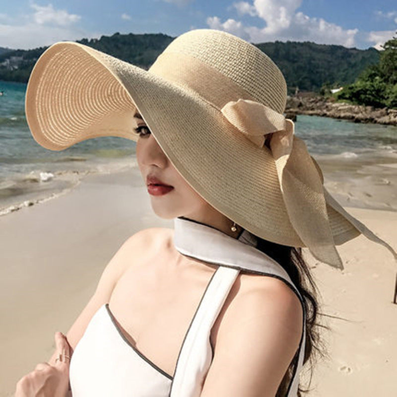 Beach Straw Hat Wide-Brim UV Protection Foldable with Bow