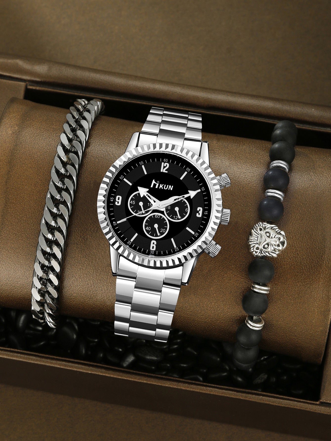 Personalized steel belt watch beaded bracelet set