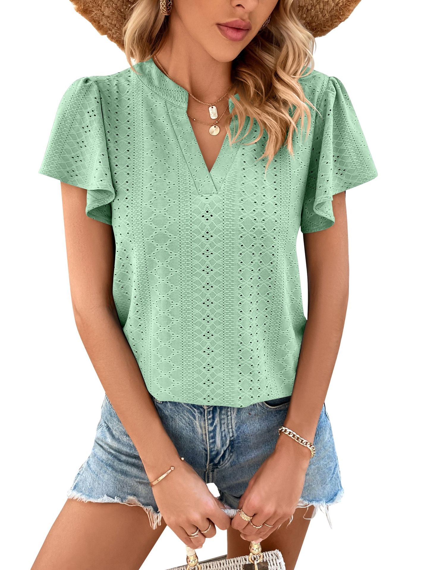 V-Neck Pleated Lotus Leaf Sleeve T-Shirt