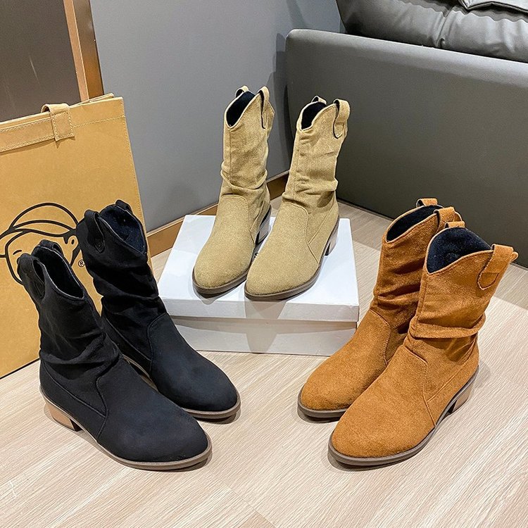 Cattle suede pointed short tube thick heel medium boots