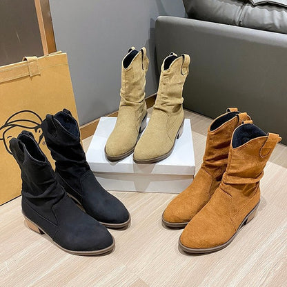 Cattle suede pointed short tube thick heel medium boots