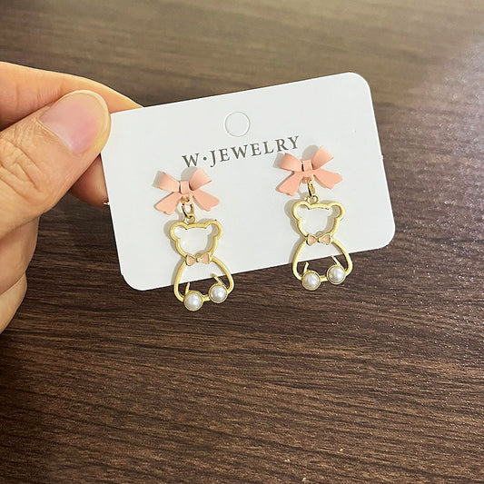Pendientes con forma de oso hueco y aguja de plata S925 