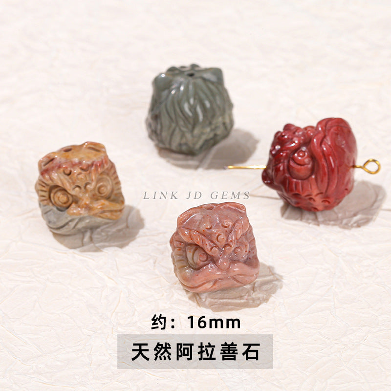 Cuentas sueltas con grabado de cabeza de león de obsidiana plateada y cristal 