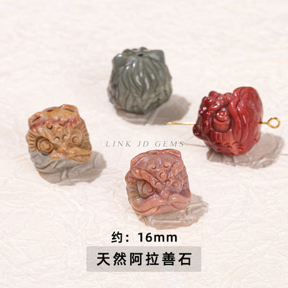 Cuentas sueltas con grabado de cabeza de león de obsidiana plateada y cristal 