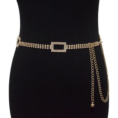 Rhinestone inlaid rectangular buckle waist chain