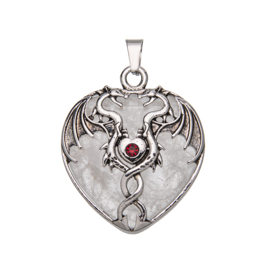 Pingente de coração de gema envolto em dragão de asa dupla vintage de cristal 