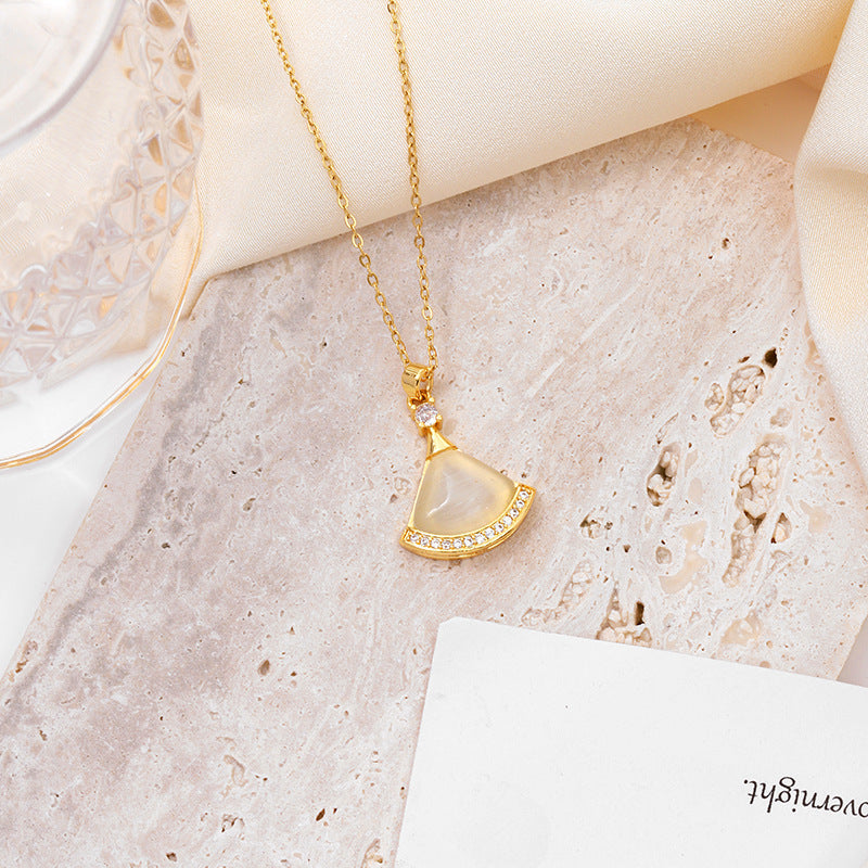 Fan-Shaped Opal Titanium Steel Collarbone Necklace with Copper Pendant