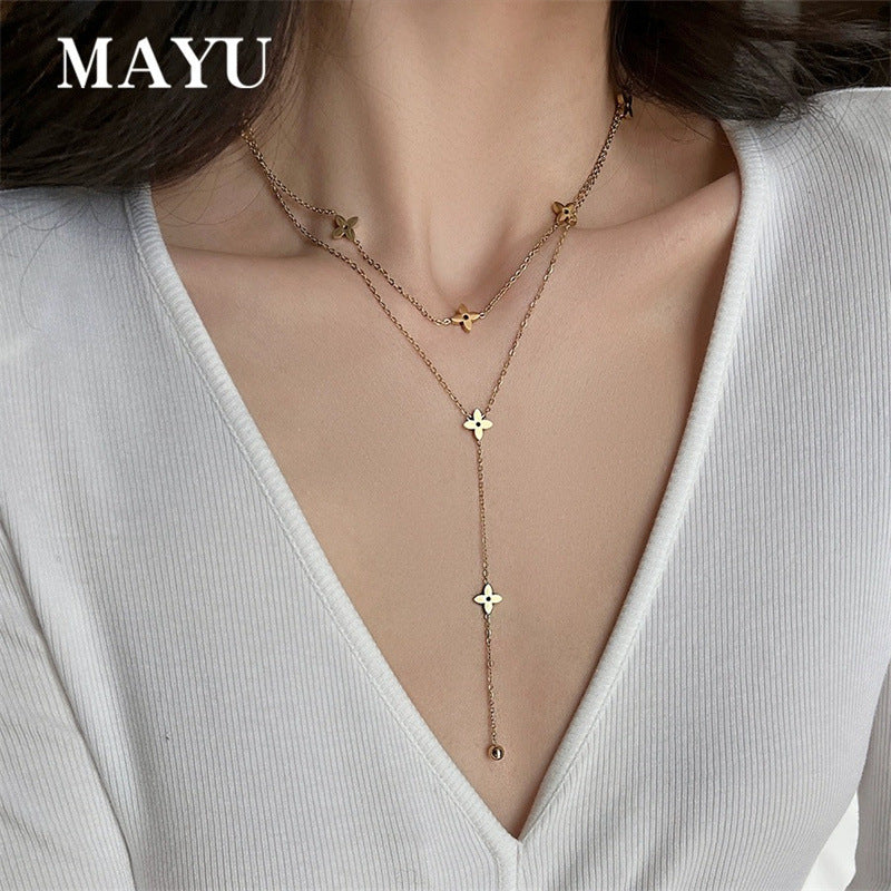 Corrente de borla com pingente cruzado de colar de aço titânio de camada dupla 