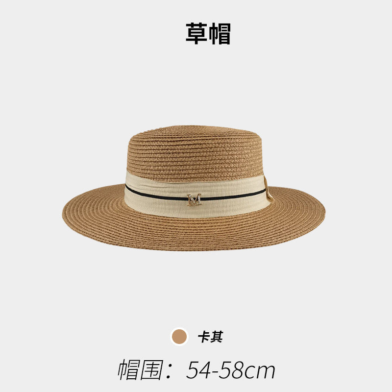 Flat-Top Straw Hat French-Style Summer Wide-Brim Sun Hat