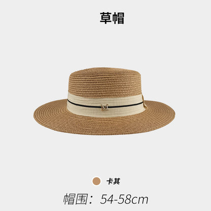 Flat-Top Straw Hat French-Style Summer Wide-Brim Sun Hat