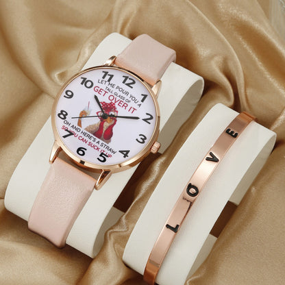 Round digital watch rose bracelet set