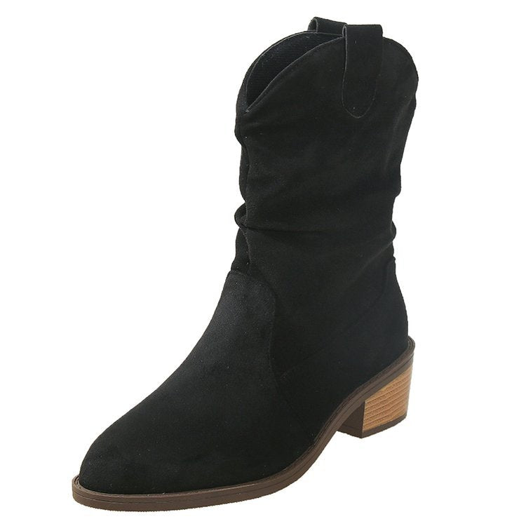 Cattle suede pointed short tube thick heel medium boots