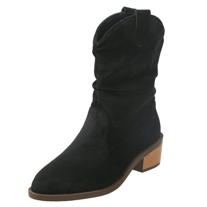 Cattle suede pointed short tube thick heel medium boots