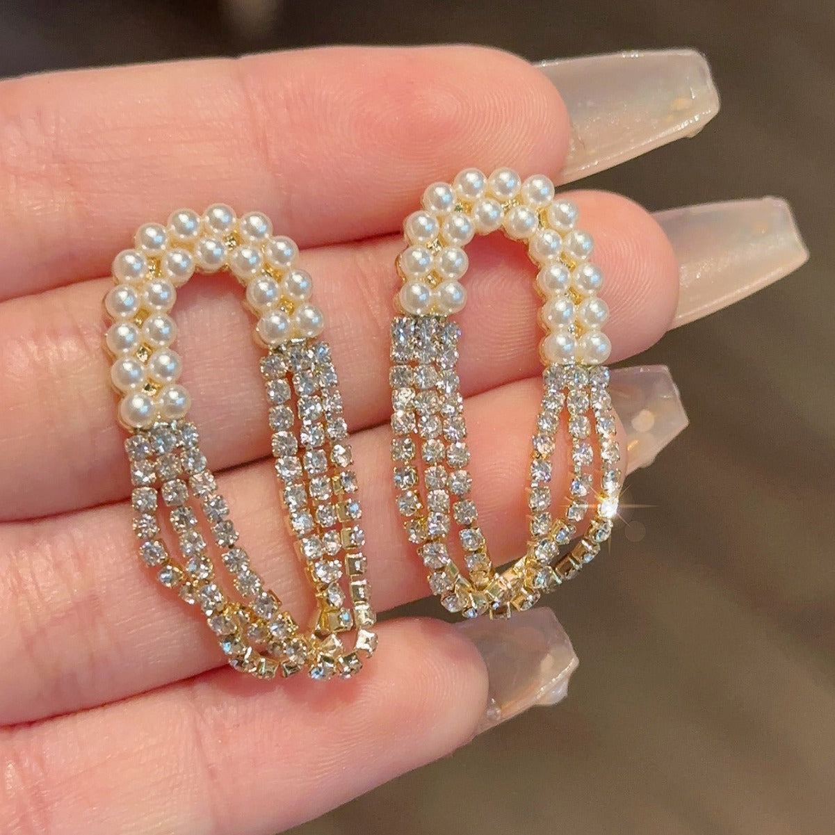 Diamond Pearl Oval Tassel Earrings