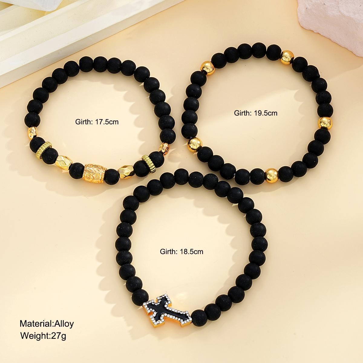 Black Matte Gold Bead Cross Bracelet Set