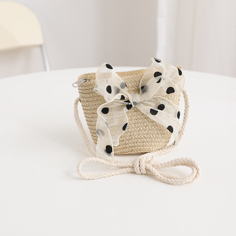 Girls' Polka Dot Bow Kids Bag Straw Beach Sun Hat