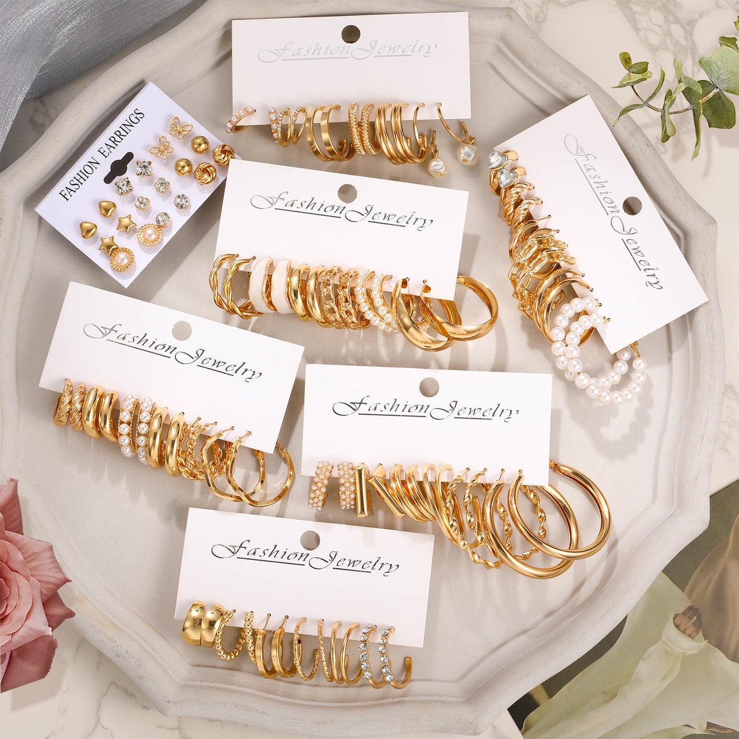 Love Imitation Pearl C-Hoop Earring Set (45-Piece)