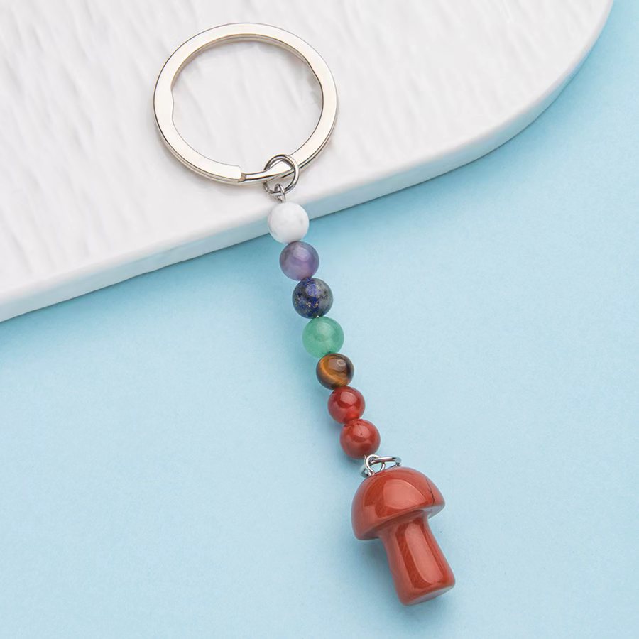 Colorful stone crystal small mushroom pendant stainless steel keychain