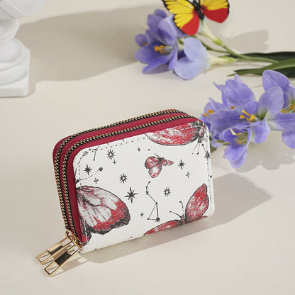 Simple butterfly print double zipper wallet