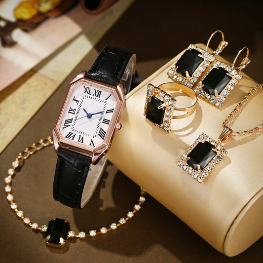 Watch Square Necklace Earrings Ring Jewelry Set