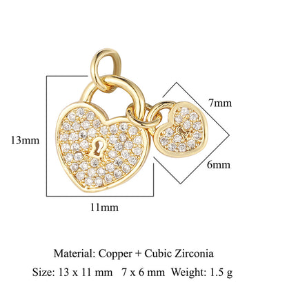 Colgante de cobre y circonita con forma de llave y candado en forma de corazón de melocotón 
