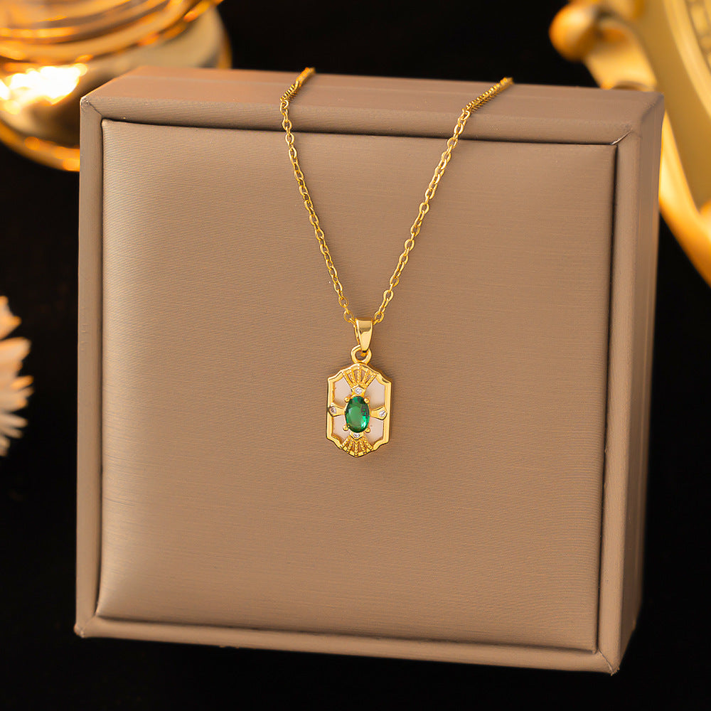 Women's Green Square White Shell Titanium-Steel Collarbone Necklace