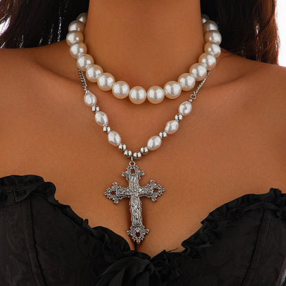 Fashion Cross Imitation Pearl Necklace Set