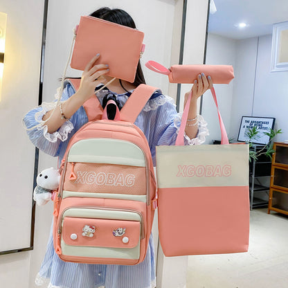 4-piece letter contrast large capacity backpack