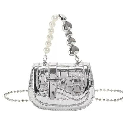 Pearl chain mini silver crossbody bag