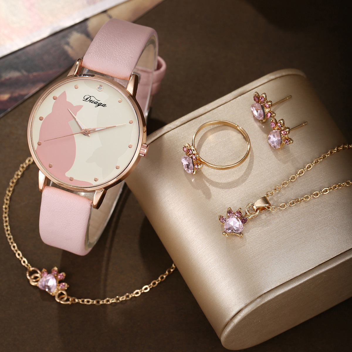 Cute cat plate watch jewelry set
