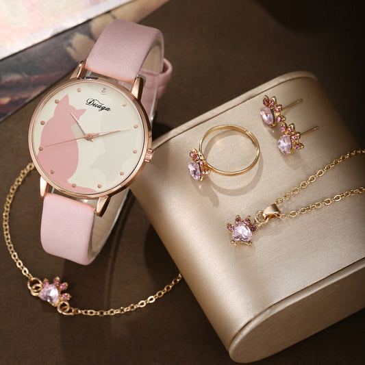 Cute cat plate watch jewelry set