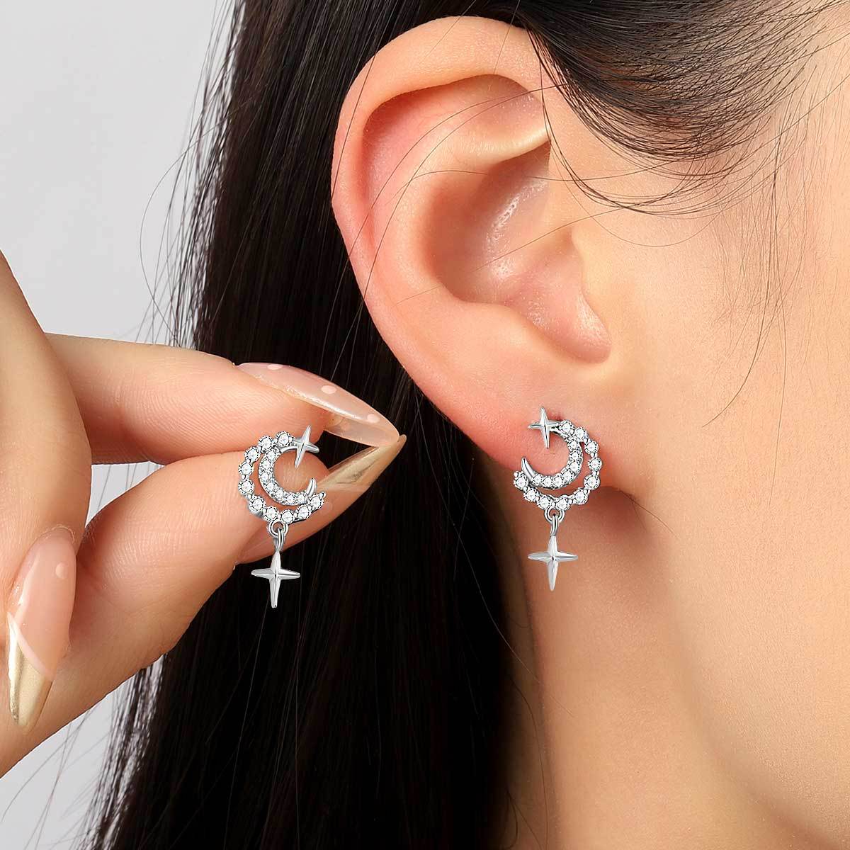 Copper inlaid 5A zircon moon falling galaxy stud earrings