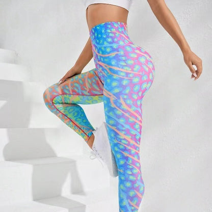 Pantalones de yoga melocotón con teñido anudado sin costuras Levantamiento de glúteos de cintura alta 