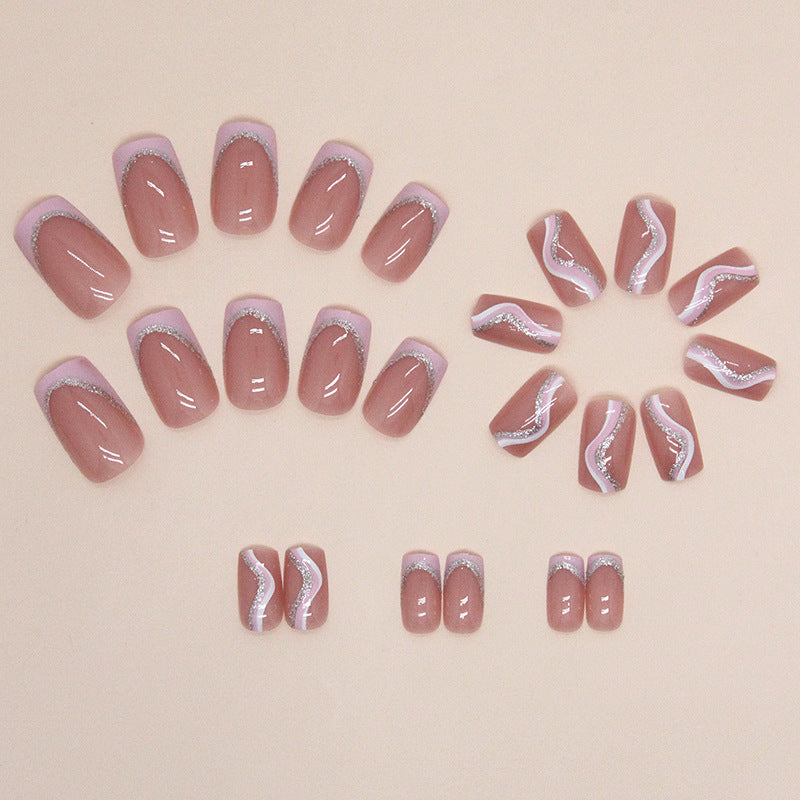 Uñas postizas cuadradas con rayas rosas y blancas 