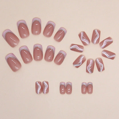 Uñas postizas cuadradas con rayas rosas y blancas 