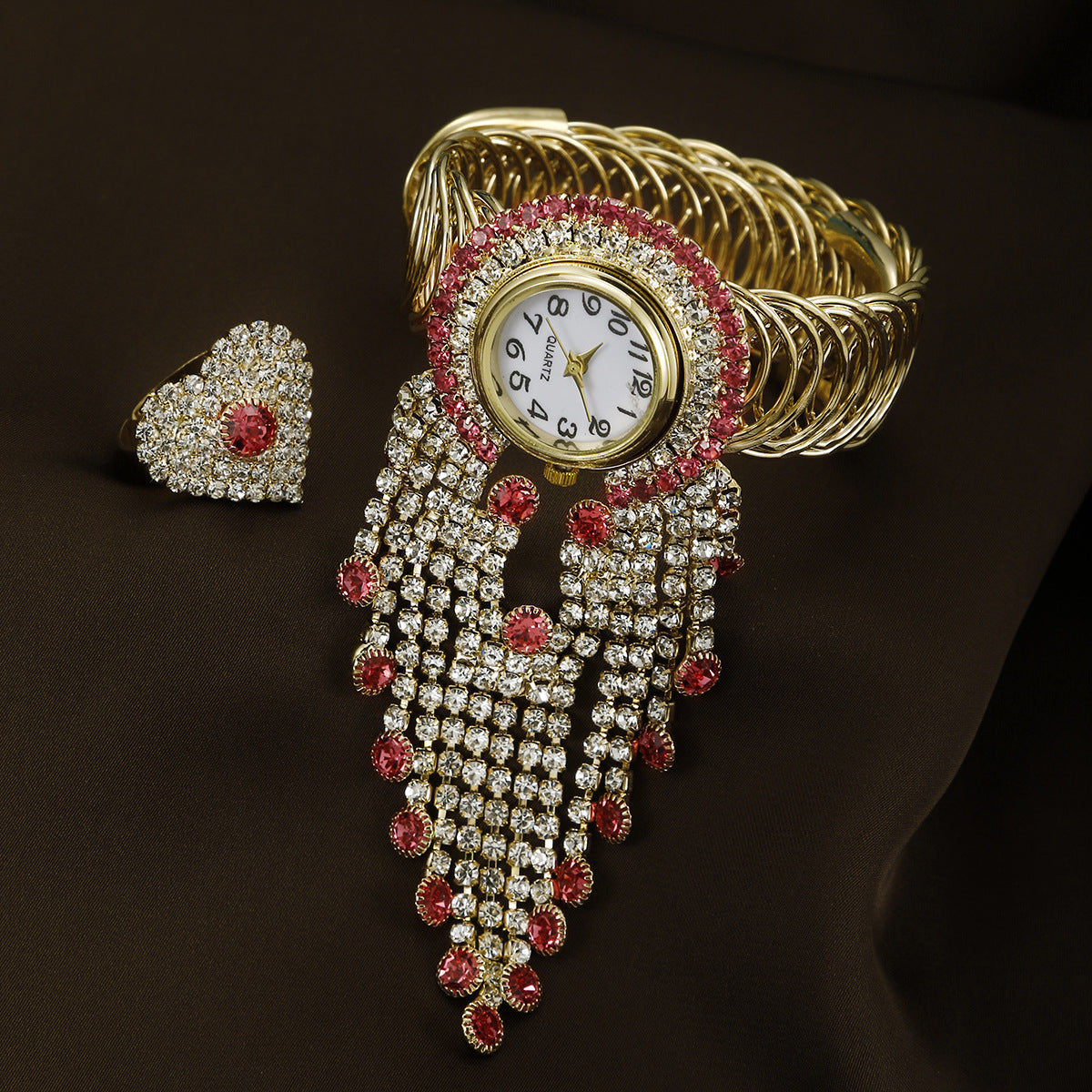 Diamond-encrusted digital women's bracelet watch love ring set