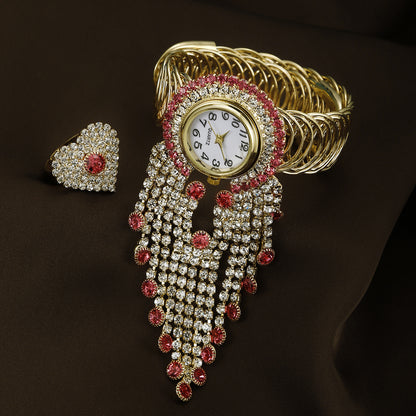 Diamond-encrusted digital women's bracelet watch love ring set