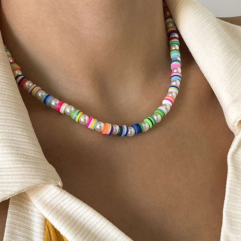 Soft ceramic rice bead flower necklace