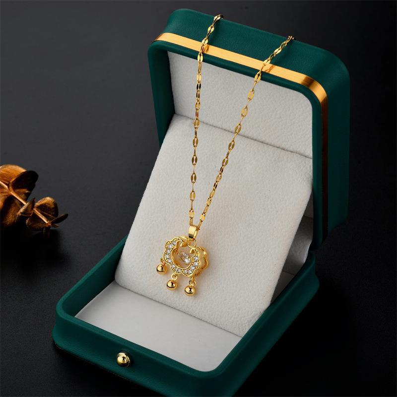 Gold-Plated Titanium Steel Collarbone Necklace with Bell Talisman and Smart Lock