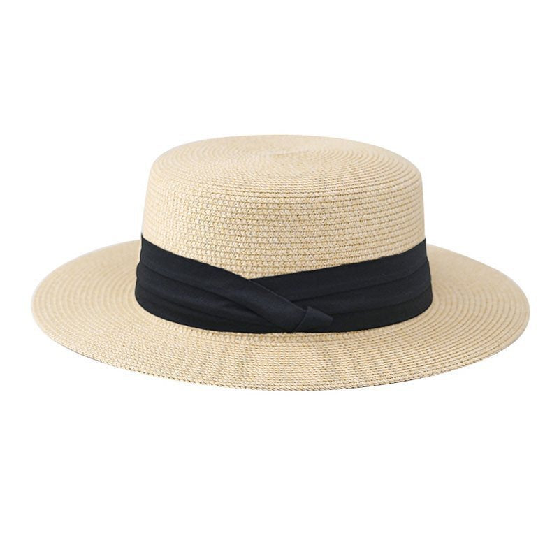 Flat-Top Straw Hat French-Style Summer Wide-Brim Sun Hat