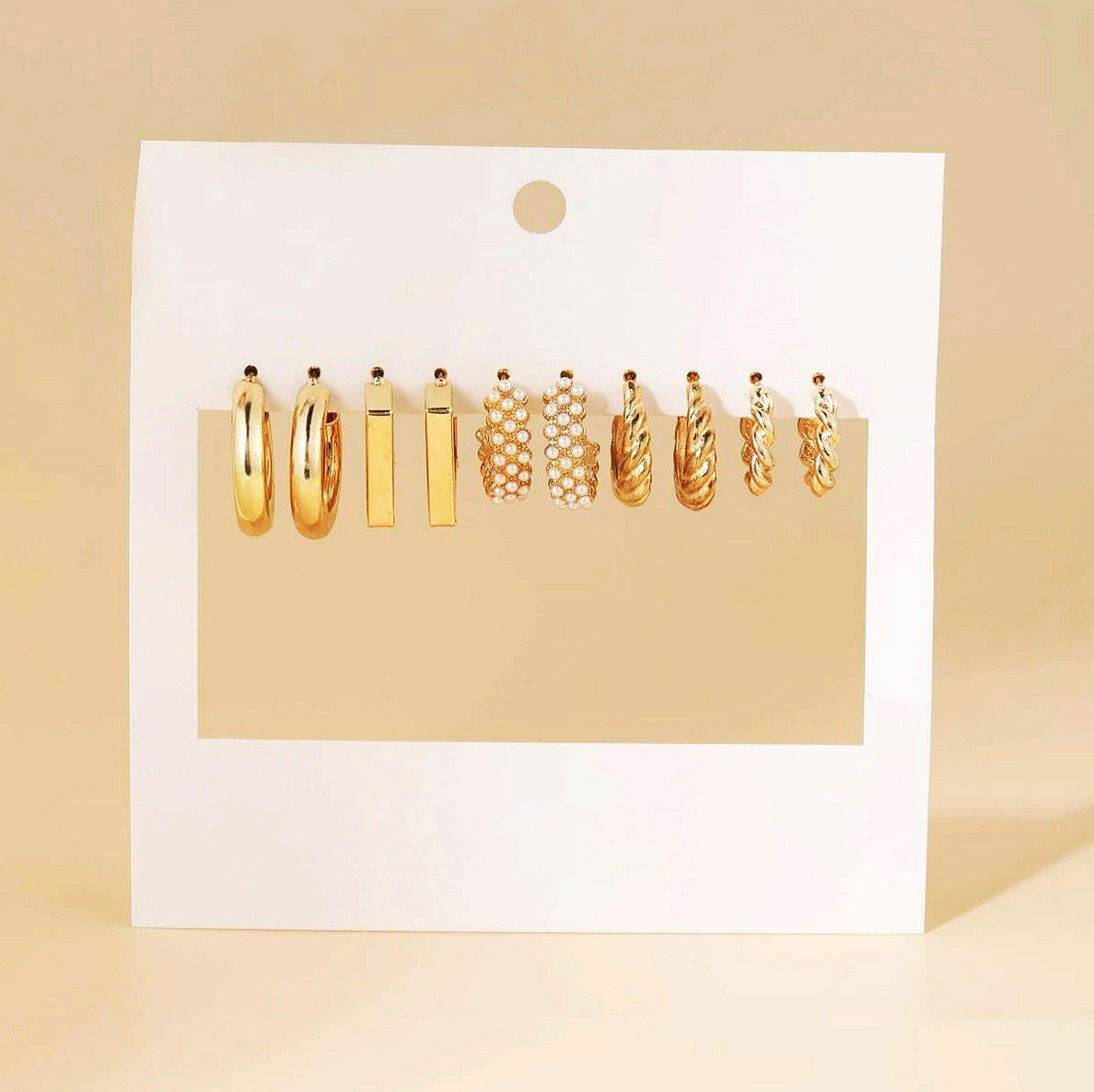 5-Pair Metal C-Hoop & Pearl Earring Set