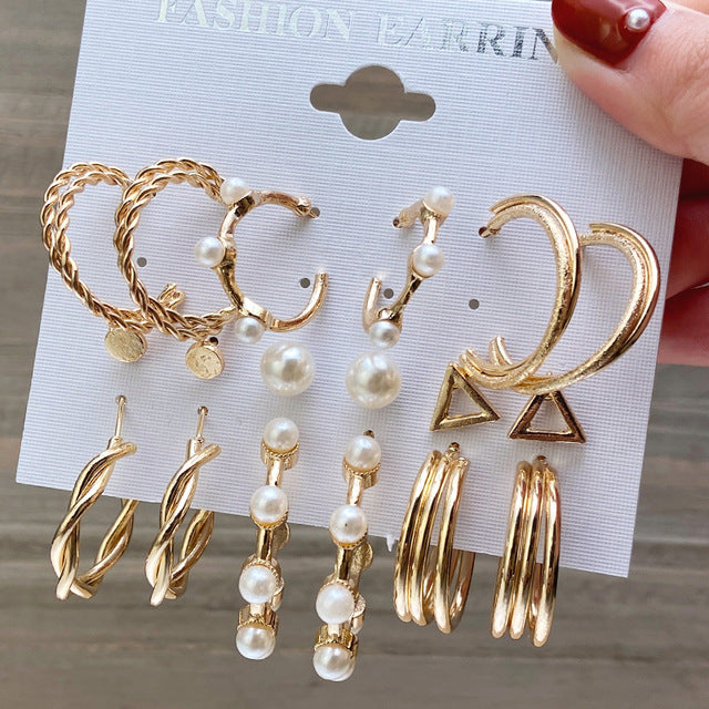 Vintage Pearl Hoop Earrings Set 9 Piece Set