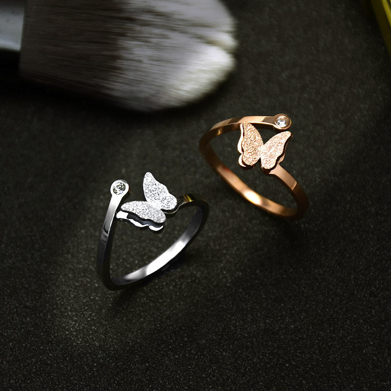 Adjustable Matte Butterfly Ring with Diamond Accent — 18K Gold Titanium Steel