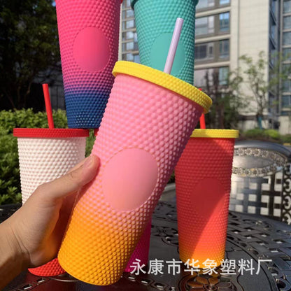 Durian cup gradual change color double layer plastic straw cup