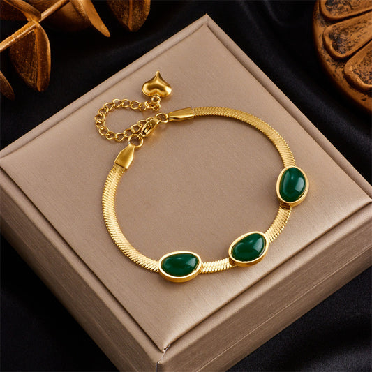 Pulsera de acero y titanio con piedras preciosas verdes estilo vintage 