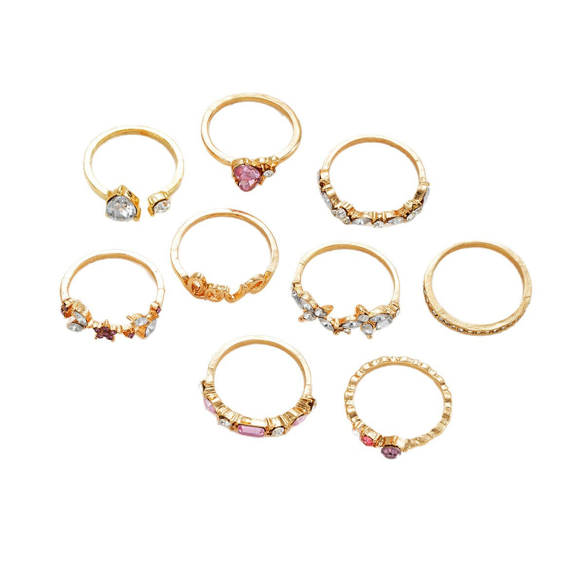 9-Piece Rhinestone Geometric Ring Set