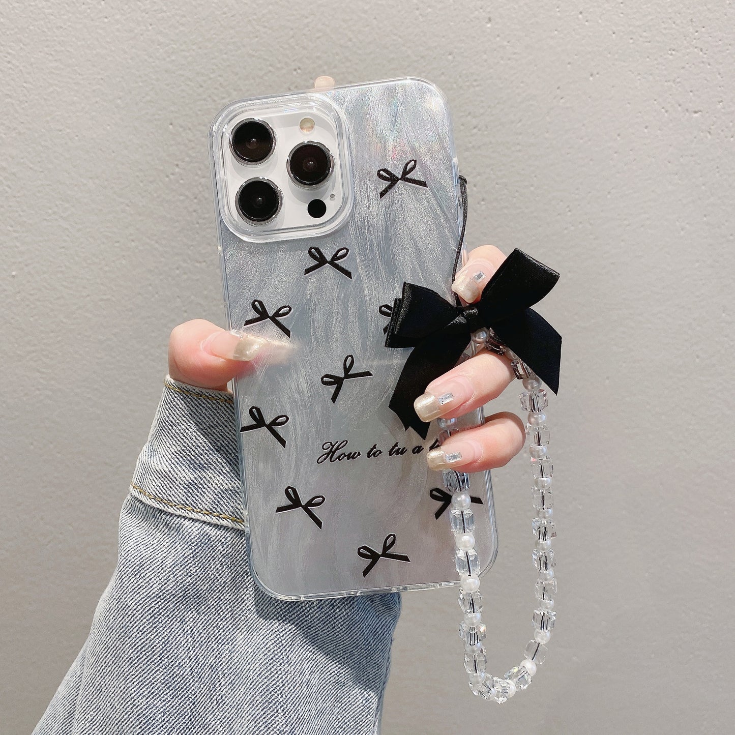 Silver Feather Case iPhone15 Pro 12 14 Black Bow Heart Chain Cover